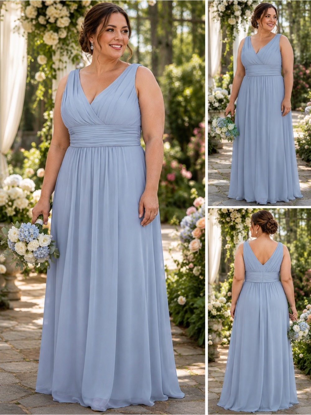 Bill Levkoff Dusty Blue V-Neck Chiffon Maxi Dress